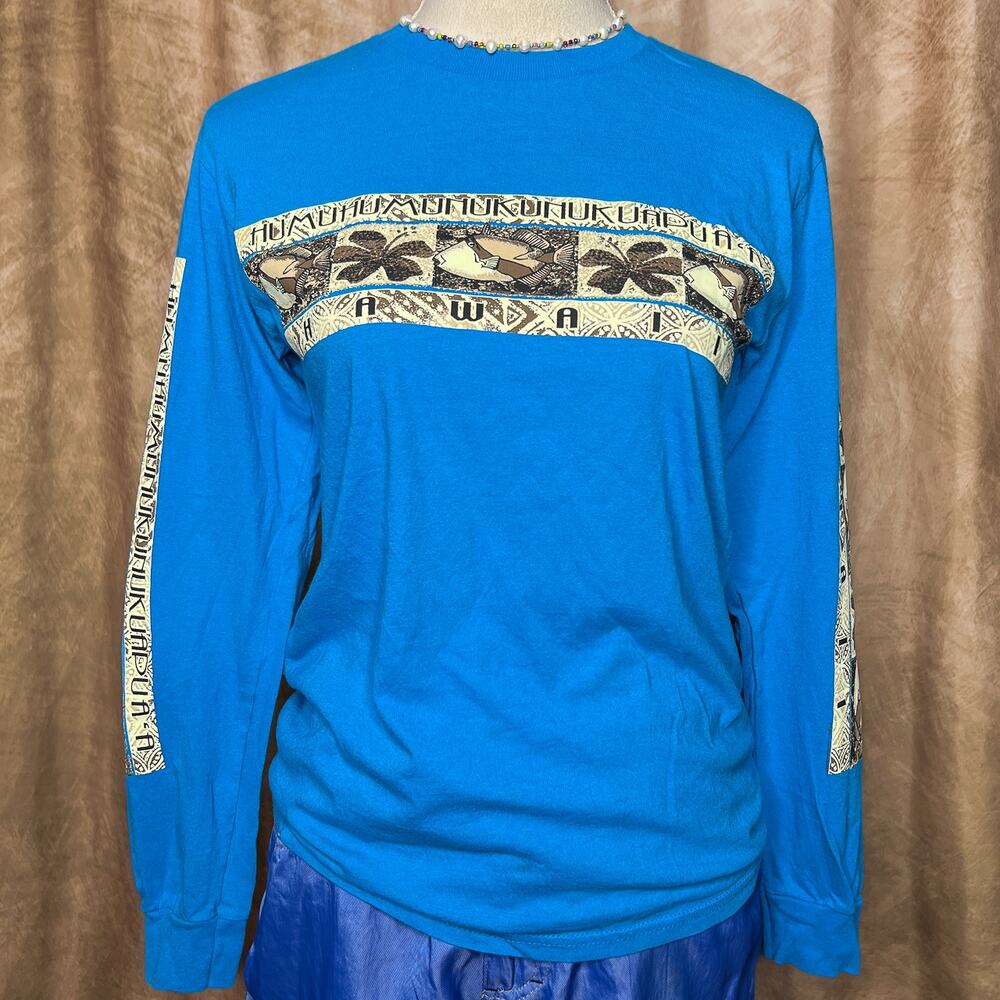 Vintage Y2K Hawaii Floral Fish Long Sleeve T-Shirt Blue Woodblock Tropical Surf